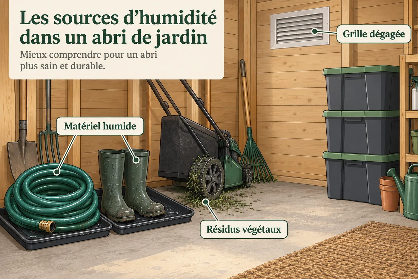 Illustration de matériel humide, de résidus végétaux et d’une grille de ventilation dégagée.