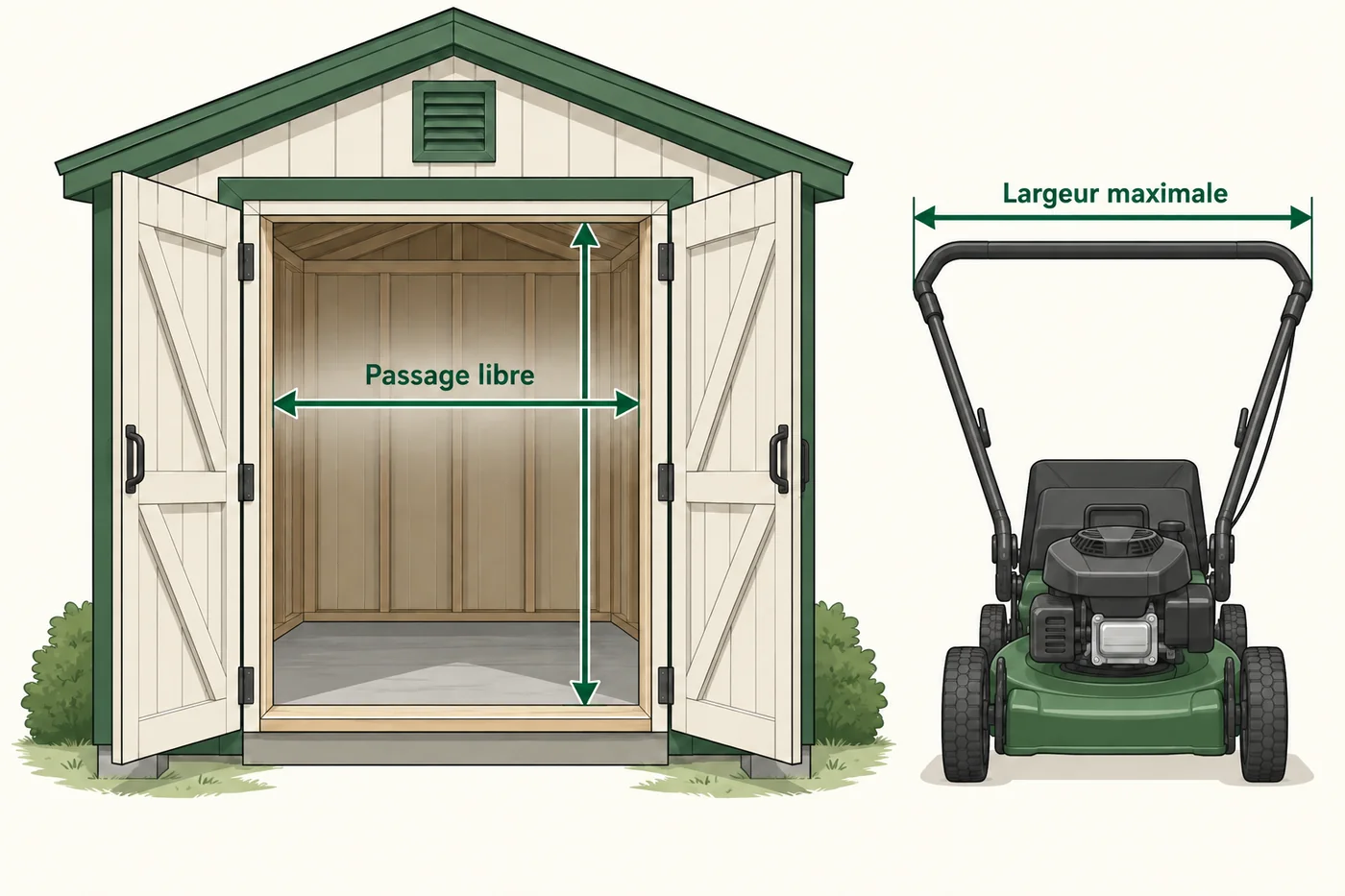 Schéma du passage libre d’une porte de cabanon et de la largeur maximale d’une tondeuse.