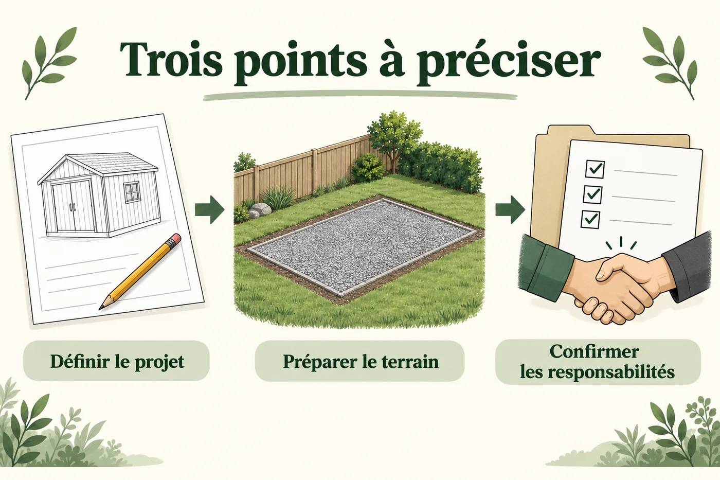 Illustration des trois points à préciser : le projet, la préparation du terrain et les responsabilités.