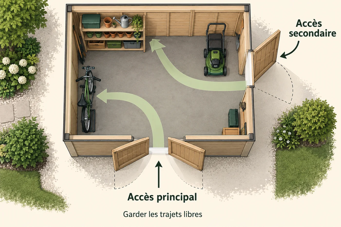 Plan illustré d’un cabanon avec accès principal, accès secondaire et trajets distincts vers le rangement.