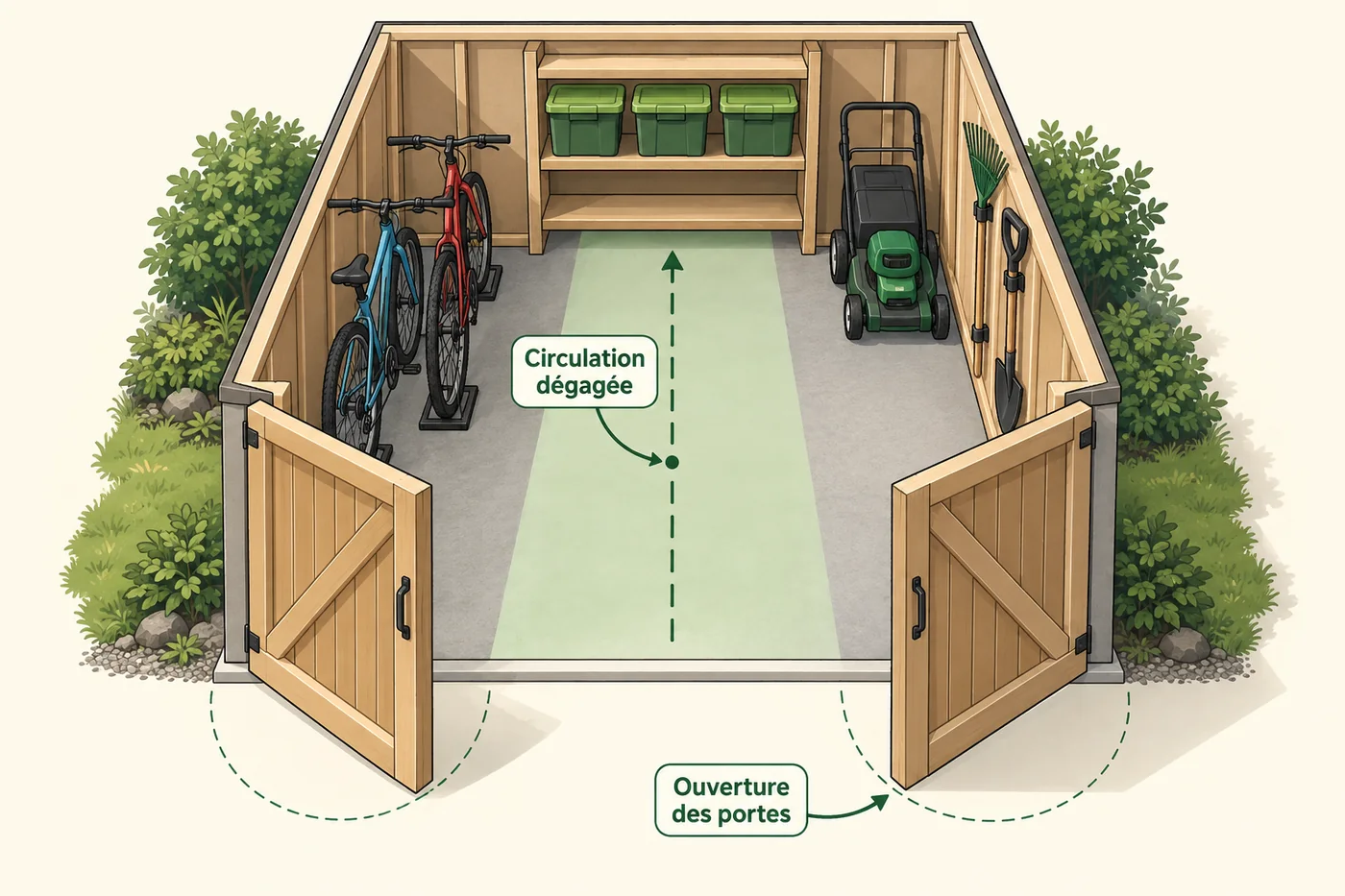 Vue illustrée d’un cabanon avec vélos, tondeuse, étagère, allée centrale libre et ouverture des portes vers l’extérieur.