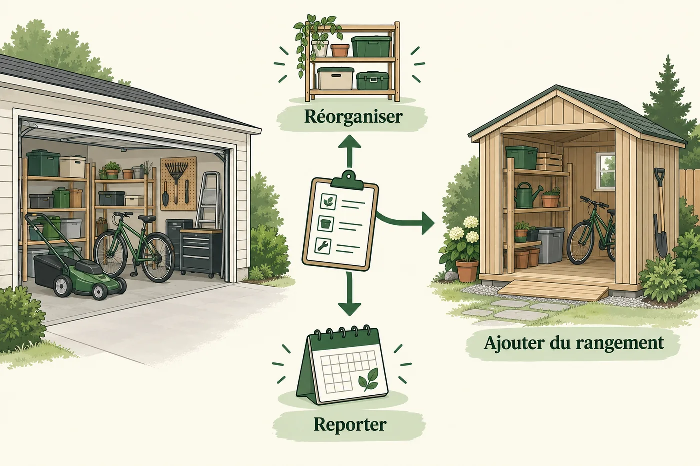 Illustration de trois choix de rangement&nbsp;: réorganiser, ajouter un cabanon ou reporter le projet.