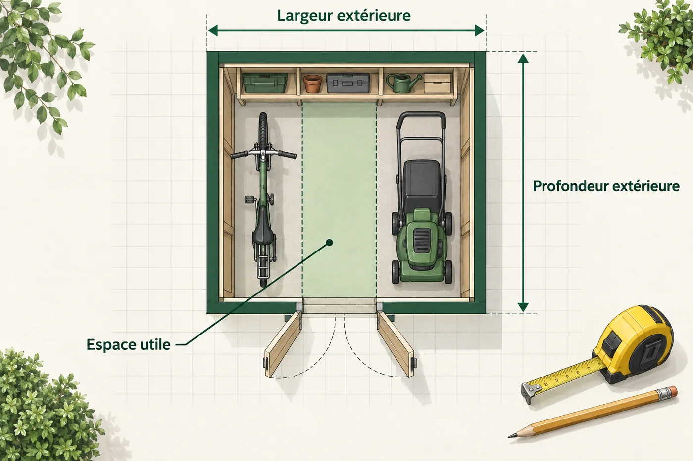 Plan vu de dessus montrant les dimensions extérieures, le rangement et l’espace de circulation.