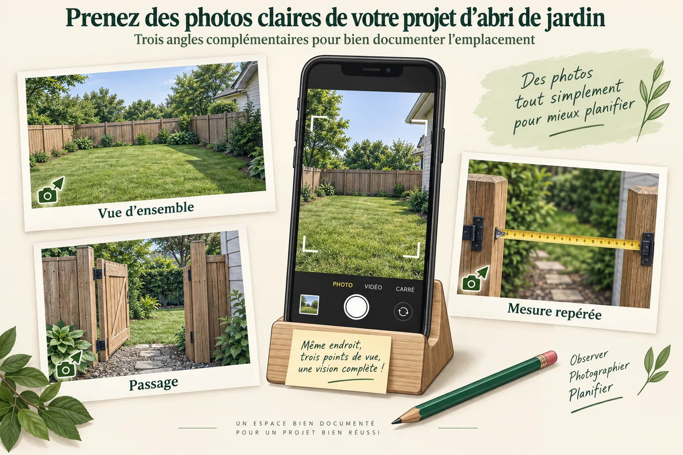 Téléphone et trois prises de vue illustrées : vue d’ensemble de la cour, passage du portail et mesure repérée.