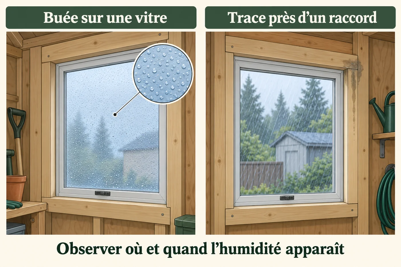 Deux observations illustrées : de la buée sur une vitre et une trace d’humidité près d’un raccord de fenêtre.