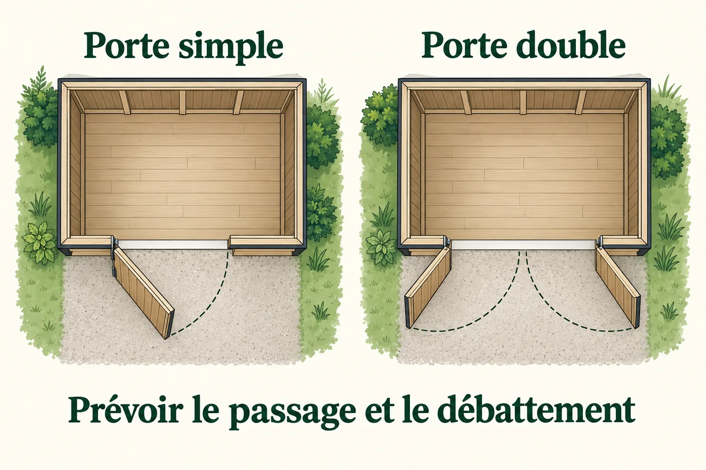 Deux schémas comparent l’ouverture d’une porte simple et de portes doubles vers l’extérieur.