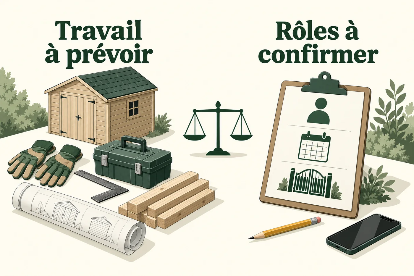 Outils et matériaux d’un côté, fiche des rôles, calendrier et accès de l’autre.