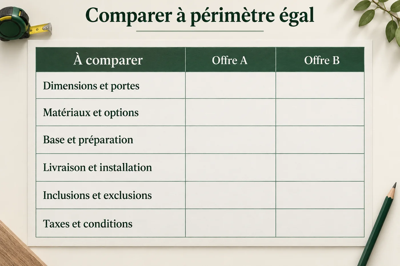 Grille illustrée pour comparer deux soumissions : dimensions, matériaux, préparation, livraison, inclusions et conditions.